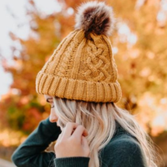 Mustard Knit Pom Pom Beanie - Picture 2 of 4